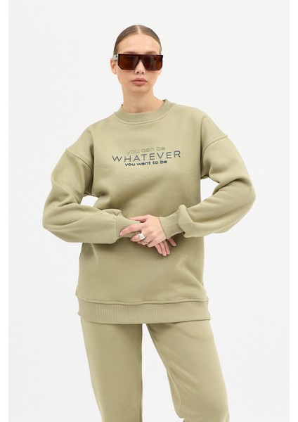 Kadın Whatever Baskılı Bisiklet Yaka Paçası Lastikli Oversize Eşofman Takımı indirimleri