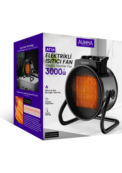 Auhma Fanlı Isıtıcı Elektrikli 3000W Fan 2.5 kg 27X17X28.5 cm Gri Renk Isıtıcı Havayı Kurutmaz
