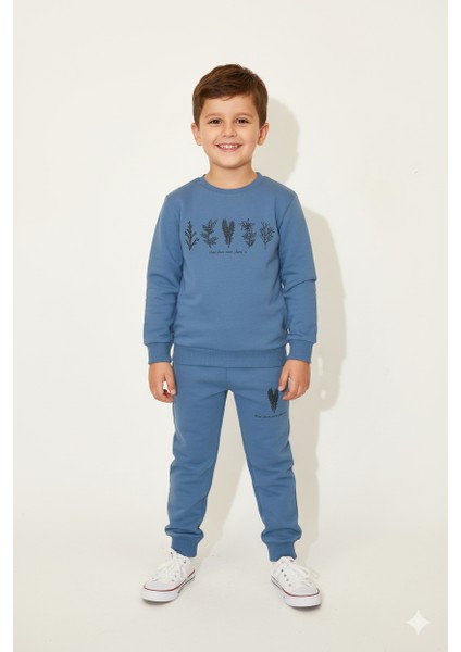 Erkek Çocuk %100 Organik Pamuk Bitki Baskılı Yumuşacık Trend Eşofman Takımı - 1008