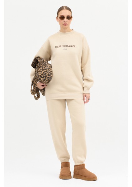 Kadın New Romence Baskılı Bisiklet Yaka Içi Pamuklı Oversize Eşofman Takımı