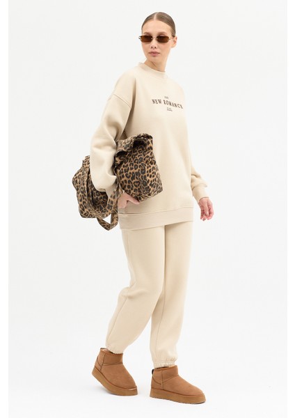 Kadın New Romence Baskılı Bisiklet Yaka Içi Pamuklı Oversize Eşofman Takımı fiyatları