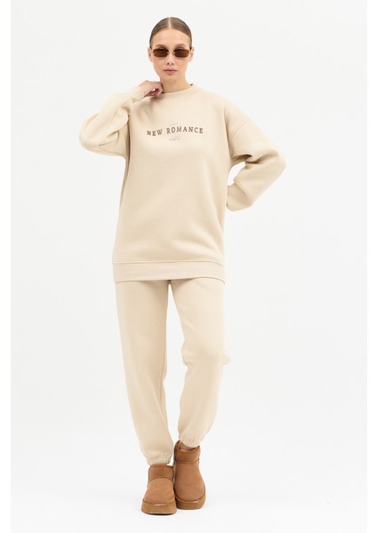 Kadın New Romence Baskılı Bisiklet Yaka Içi Pamuklı Oversize Eşofman Takımı modelleri