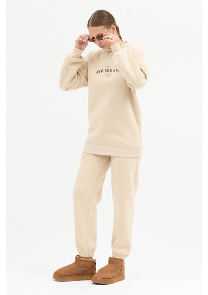 Kadın New Romence Baskılı Bisiklet Yaka Içi Pamuklı Oversize Eşofman Takımı fırsatları