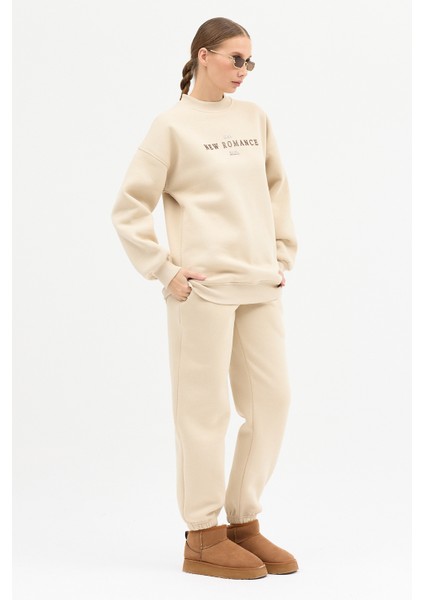 Kadın New Romence Baskılı Bisiklet Yaka Içi Pamuklı Oversize Eşofman Takımı indirimleri