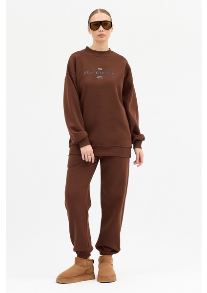 Kadın New Romence Baskılı Bisiklet Yaka Içi Pamuklı Oversize Eşofman Takımı