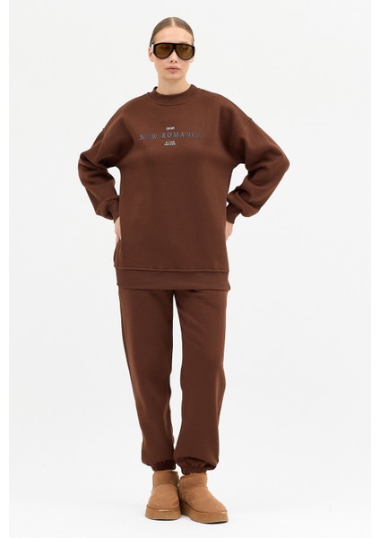 Kadın New Romence Baskılı Bisiklet Yaka Içi Pamuklı Oversize Eşofman Takımı fiyatları