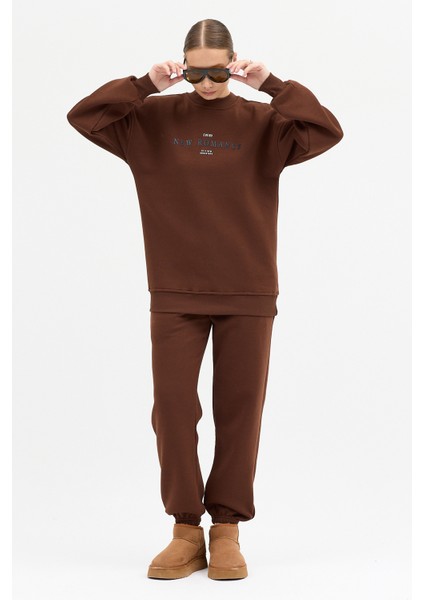 Kadın New Romence Baskılı Bisiklet Yaka Içi Pamuklı Oversize Eşofman Takımı modelleri