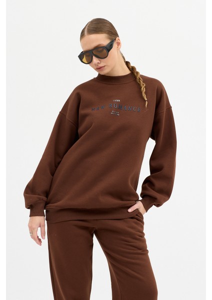 Kadın New Romence Baskılı Bisiklet Yaka Içi Pamuklı Oversize Eşofman Takımı fırsatları