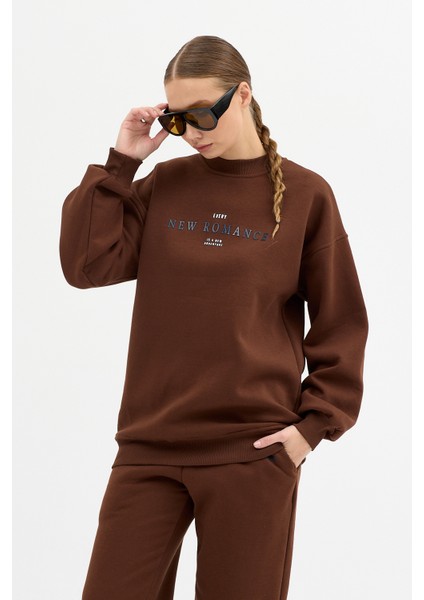 Kadın New Romence Baskılı Bisiklet Yaka Içi Pamuklı Oversize Eşofman Takımı indirimleri