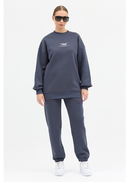 Kadın Relax Baskılı Bisiklet Yaka Içi Pamuklı Oversize Eşofman Takımı