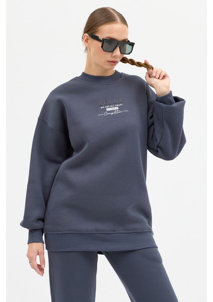 Kadın Relax Baskılı Bisiklet Yaka Içi Pamuklı Oversize Eşofman Takımı modelleri