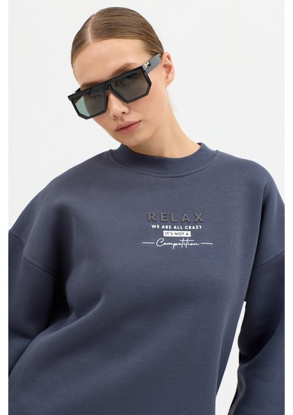 Kadın Relax Baskılı Bisiklet Yaka Içi Pamuklı Oversize Eşofman Takımı fırsatları