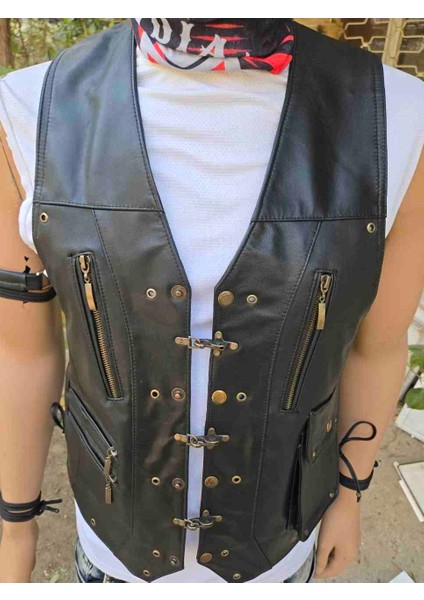 Hakiki Deri Motorcu Chopper Deri Yelek