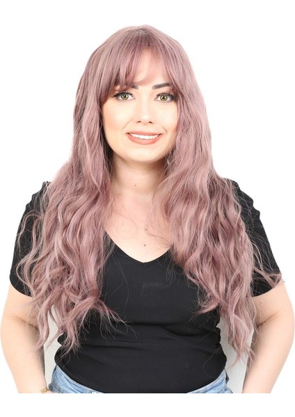 Perçemli Uzun Su Dalgası Fiber Sentetik Peruk/ Gül Kurusu