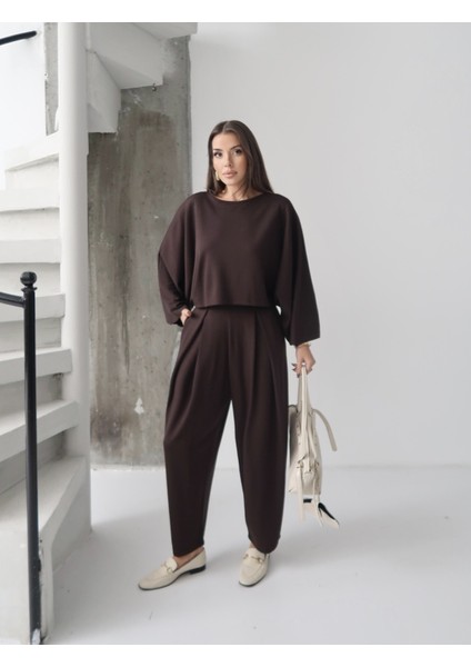 Kadın Lyra Modal Yarasa Kol Bluz- Pileli Şalvar Pantolon Takım, Alt-Üst Takım