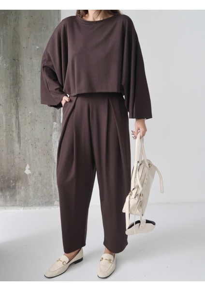 Kadın Lyra Modal Yarasa Kol Bluz- Pileli Şalvar Pantolon Takım, Alt-Üst Takım