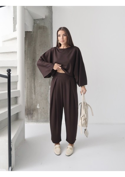 Kadın Lyra Modal Yarasa Kol Bluz- Pileli Şalvar Pantolon Takım, Alt-Üst Takım