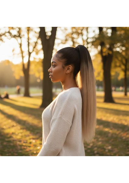 Lastik Tokalı At Kuyruğu Düz / Kahverengi / Kumral Ombre Beyaz Platin Röfle