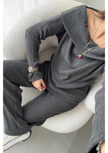 Kadın Sienna Kışlık Madonna Yaka Krinkıl Kumaş Bluz Pantolon Takım