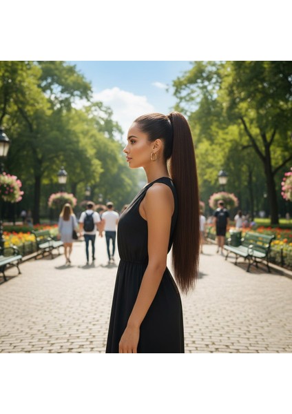 Lastik Tokalı At Kuyruğu Düz / Kahve Karamel