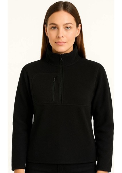 Polar Kazak – Dik Yaka, Yarım Fermuarlı, Fermuarlı Göğüs Cepli, Siyah Biyeli, Kışlık Rahat Regular Fit Günlük Model - Siyah