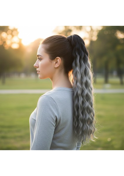 Lastik Tokalı At Kuyruğu Kabarık Afro Dalgalı / Siyah / Gri Ombre