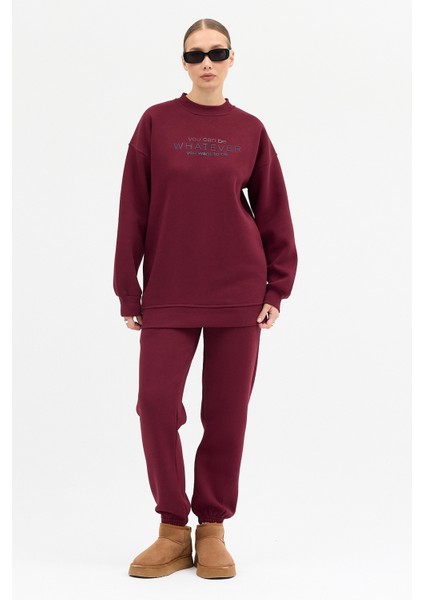 Kadın Whatever Baskılı Bisiklet Yaka Paçası Lastikli Oversize Eşofman Takımı