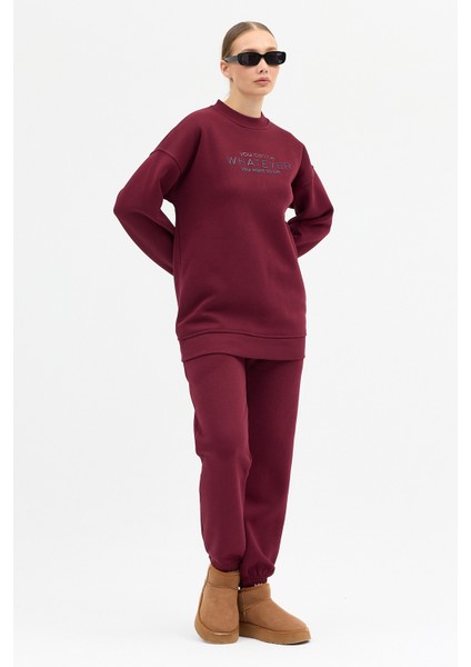 Kadın Whatever Baskılı Bisiklet Yaka Paçası Lastikli Oversize Eşofman Takımı fiyatları