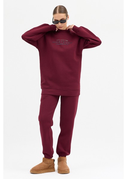 Kadın Whatever Baskılı Bisiklet Yaka Paçası Lastikli Oversize Eşofman Takımı modelleri