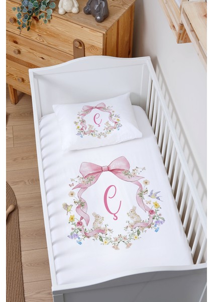Organik Bebek Boy Lastikli Çarşaf Seti - Floral Serisi - Ç Harfi
