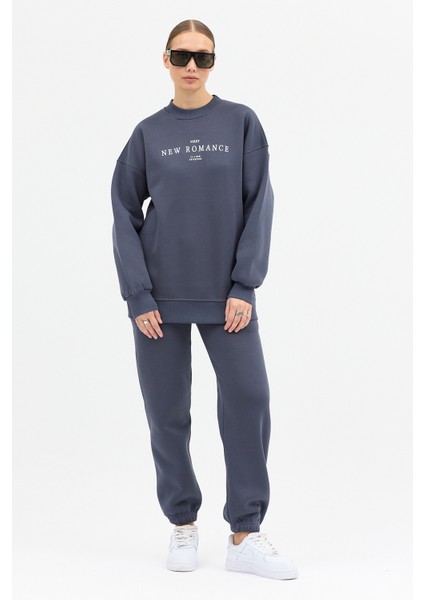 Kadın New Romence Baskılı Bisiklet Yaka Içi Pamuklı Oversize Eşofman Takımı