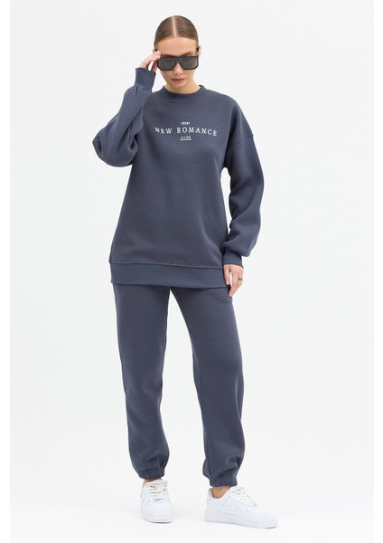 Kadın New Romence Baskılı Bisiklet Yaka Içi Pamuklı Oversize Eşofman Takımı modelleri