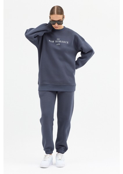 Kadın New Romence Baskılı Bisiklet Yaka Içi Pamuklı Oversize Eşofman Takımı fırsatları