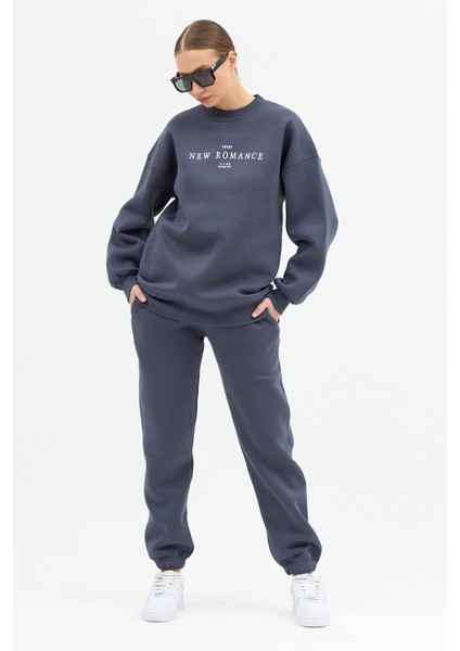 Kadın New Romence Baskılı Bisiklet Yaka Içi Pamuklı Oversize Eşofman Takımı indirimleri