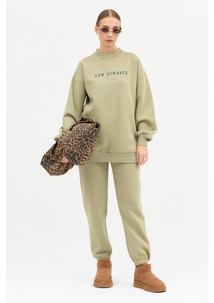 Kadın New Romence Baskılı Bisiklet Yaka Içi Pamuklı Oversize Eşofman Takımı