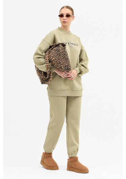 Kadın New Romence Baskılı Bisiklet Yaka Içi Pamuklı Oversize Eşofman Takımı modelleri