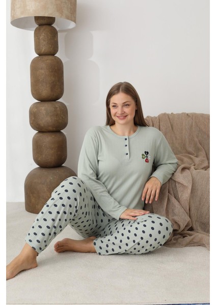 Kadın Pamuk'lu Düğme Yaka Raporlu Interlok Kışlık Battal Pijama Takımı 0109 - 1 Adet