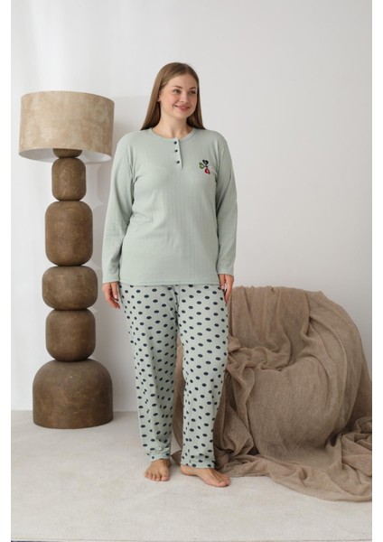 Kadın Pamuk'lu Düğme Yaka Raporlu Interlok Kışlık Battal Pijama Takımı 0109 - 1 Adet modelleri