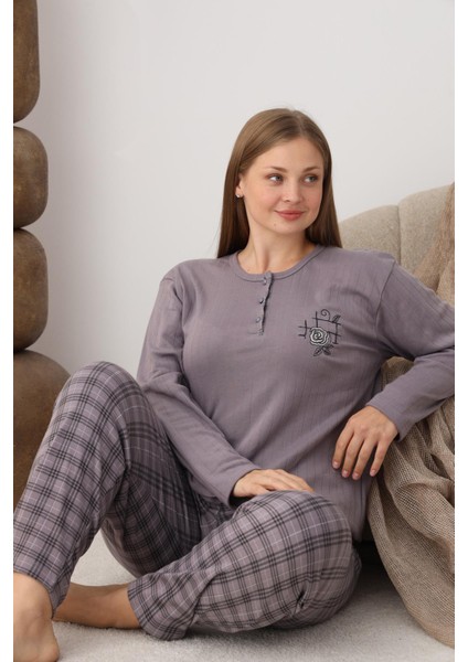 Kadın Pamuk'lu Düğme Yaka Raporlu Interlok Kışlık Battal Pijama Takımı 05161 - 1 Adet