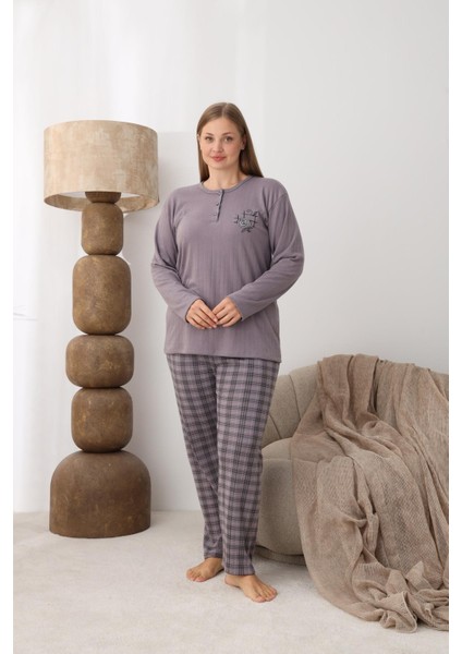 Kadın Pamuk'lu Düğme Yaka Raporlu Interlok Kışlık Battal Pijama Takımı 05161 - 1 Adet modelleri