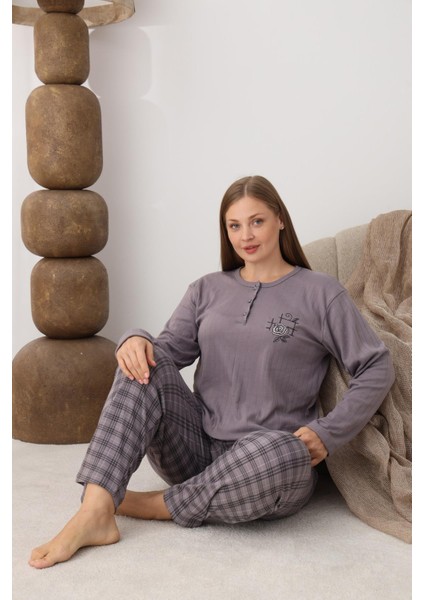 Kadın Pamuk'lu Düğme Yaka Raporlu Interlok Kışlık Battal Pijama Takımı 05161 - 1 Adet indirimleri