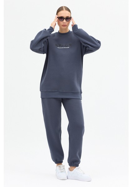 Kadın Space Baskılı Bisiklet Yaka Paçası Lastikli Oversize Eşofman Takımı