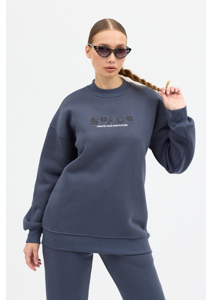 Kadın Space Baskılı Bisiklet Yaka Paçası Lastikli Oversize Eşofman Takımı modelleri