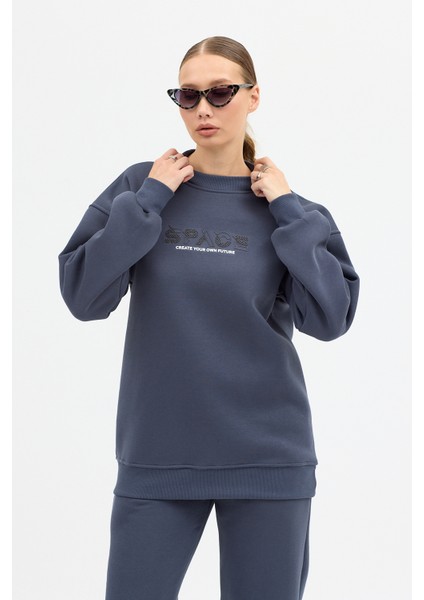 Kadın Space Baskılı Bisiklet Yaka Paçası Lastikli Oversize Eşofman Takımı fırsatları