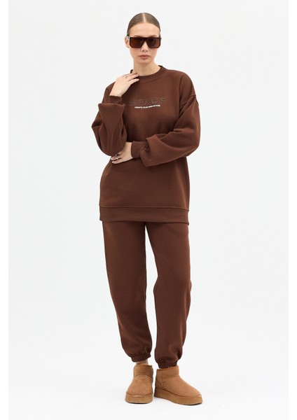 Kadın Space Baskılı Bisiklet Yaka Paçası Lastikli Oversize Eşofman Takımı