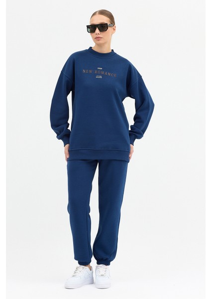 Kadın New Romence Baskılı Bisiklet Yaka Içi Pamuklı Oversize Eşofman Takımı