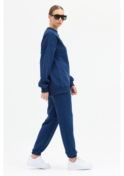 Kadın New Romence Baskılı Bisiklet Yaka Içi Pamuklı Oversize Eşofman Takımı modelleri