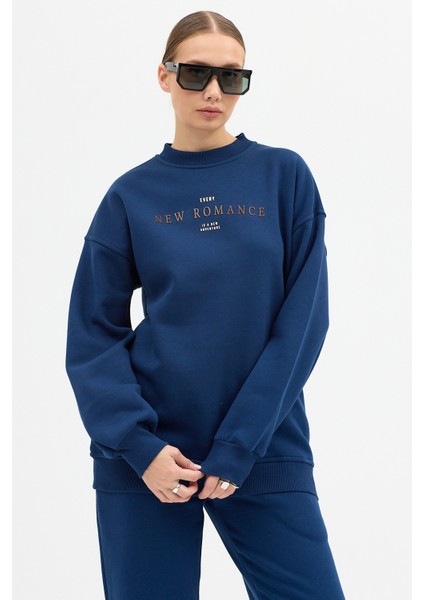 Kadın New Romence Baskılı Bisiklet Yaka Içi Pamuklı Oversize Eşofman Takımı fırsatları