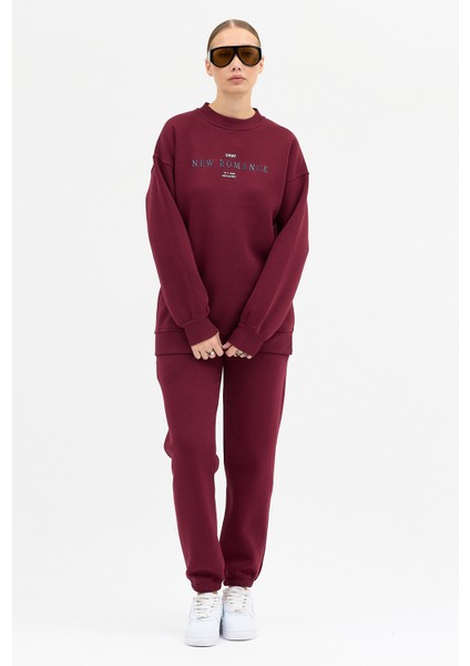 Kadın New Romence Baskılı Bisiklet Yaka Içi Pamuklı Oversize Eşofman Takımı