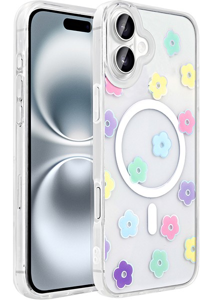 iPhone 16 Kılıf M-Safe Şarj Özellikli Şeffaf Zore Folk Sert Kapak - Papatya